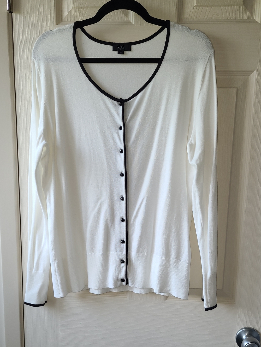chic White Button-Front Cardigan with Black Trim